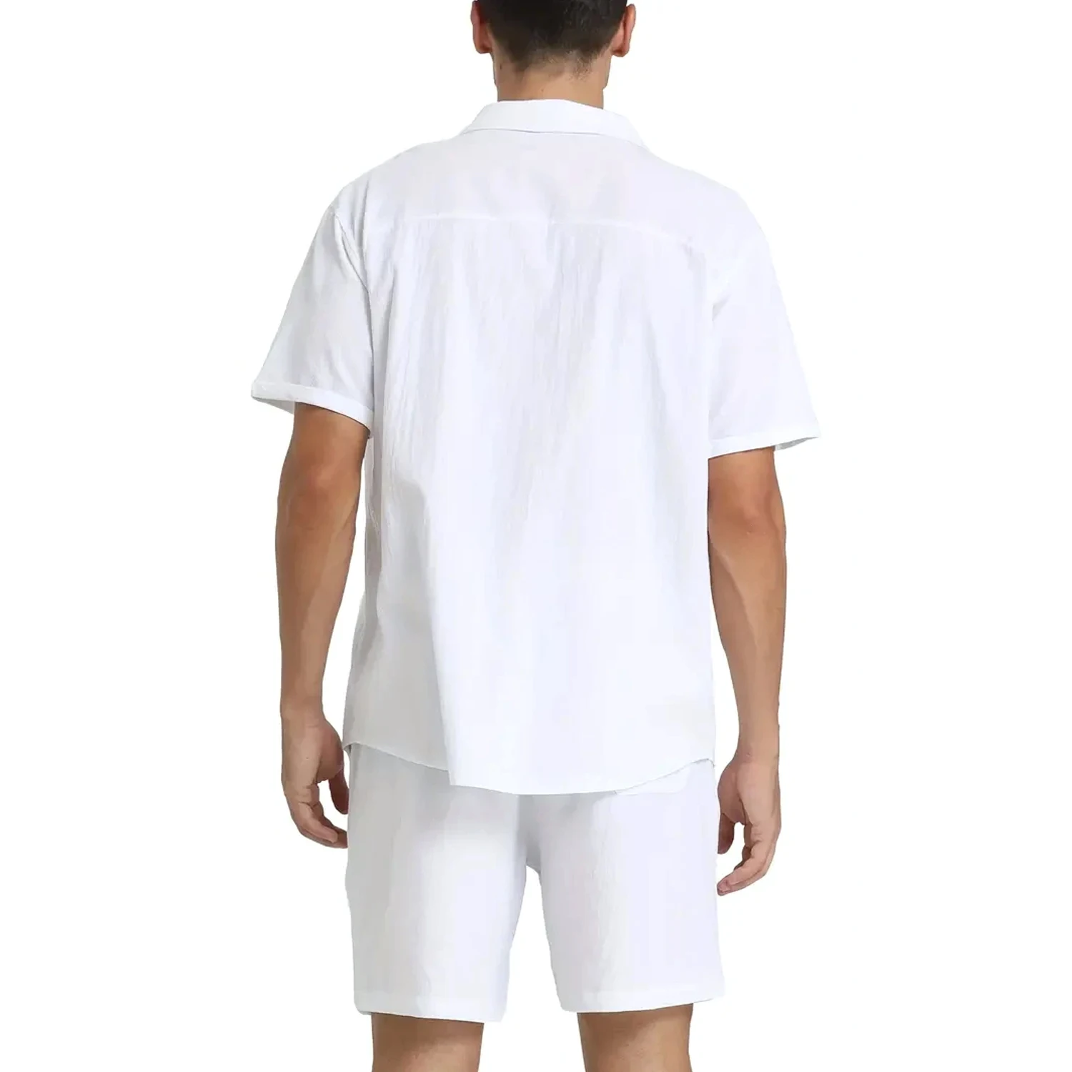 Cotton Linen Shirt Set Men\'s Hawaii Pleated Pocketed Loose Cuban Collar Breathable Comfortable White Men Outdoor Leisure Set
