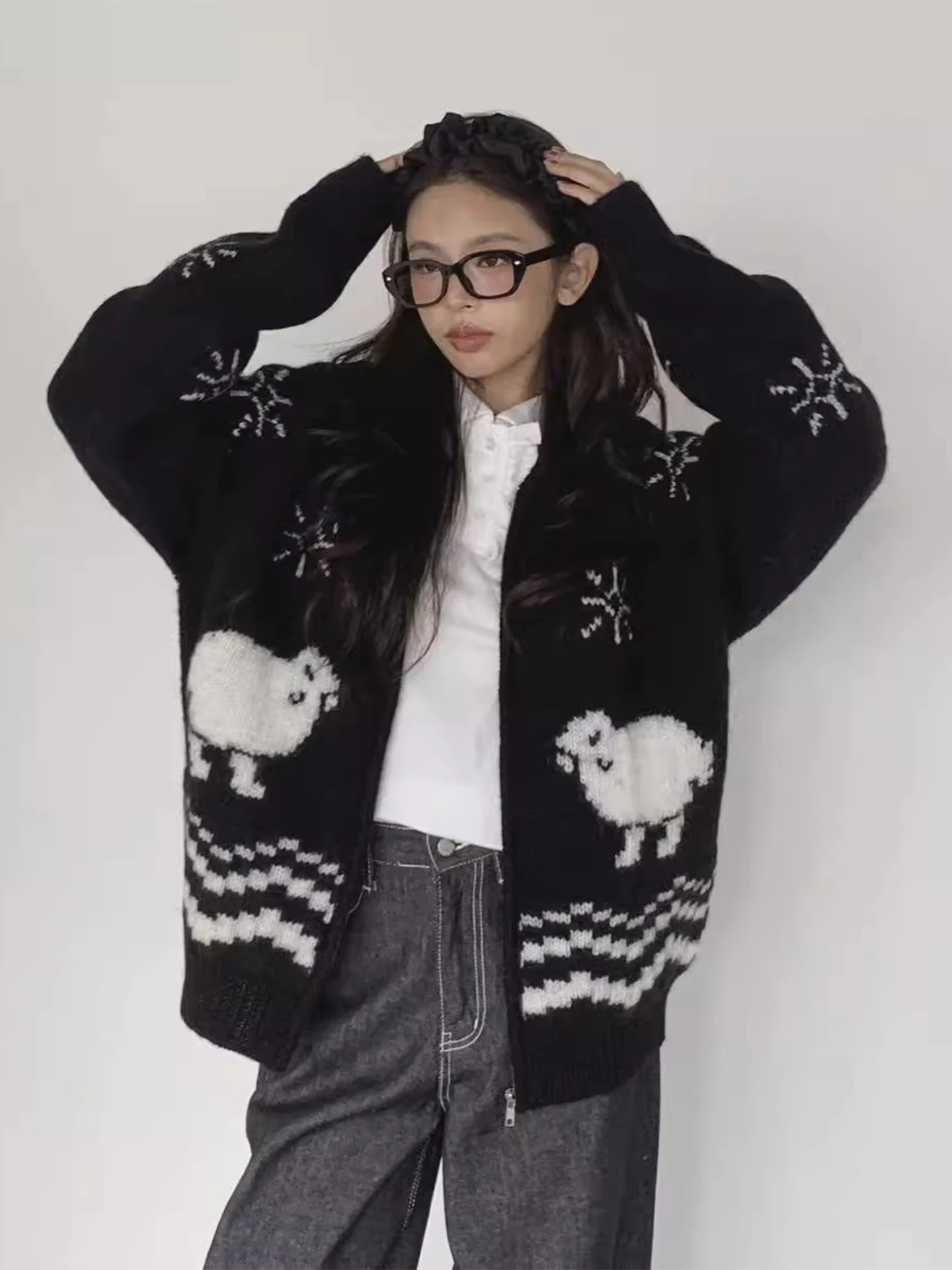 رائعتين مكافحة الشيخوخة اللون بلو الكرتون محبوك سستة Jaet المرأة فضفاضة تناسب شتاء جديد Sle طويل Sve سترة معطف #2