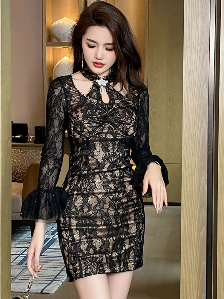 Spring Fashion Lady Sequin Black Short Dress Women Clothing Elegant Hollow Sexy Flare Sleeve Slim Party Gown Birthday Vestidos