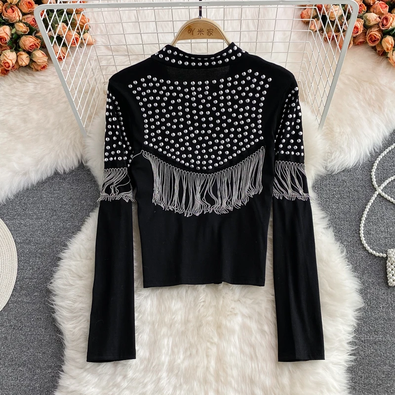 Tassel Black Loose Women Cropped Coat Stand Collar Zipper Female Jacket 2022 New Autumn Hiphop Style Fashion Cardigans Outerwear