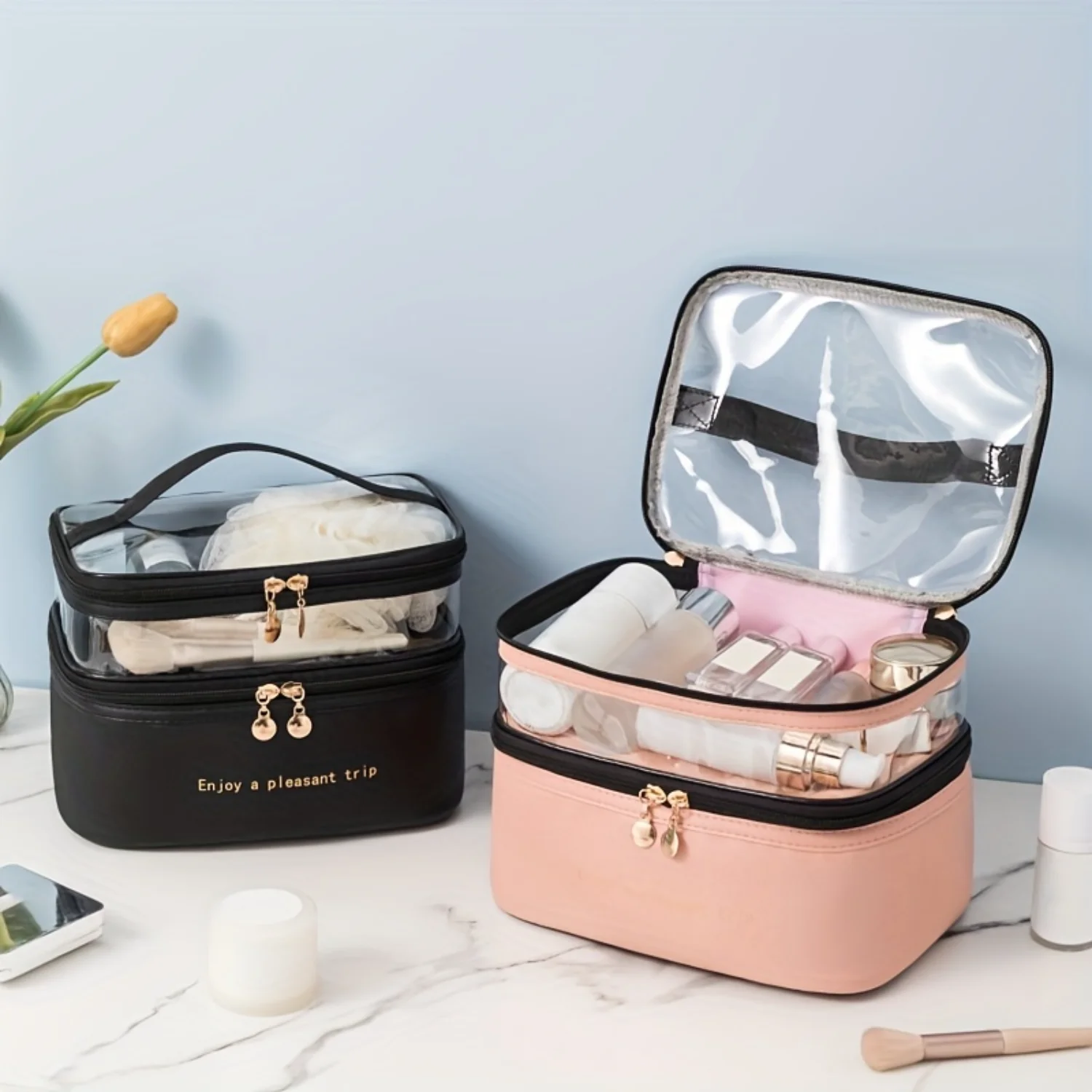 Double-layer Cosmetic Bag Solid Color PU Transparent Wash Handbag Travel Portable Large-capacity  Bag Makeup organazer Vintage