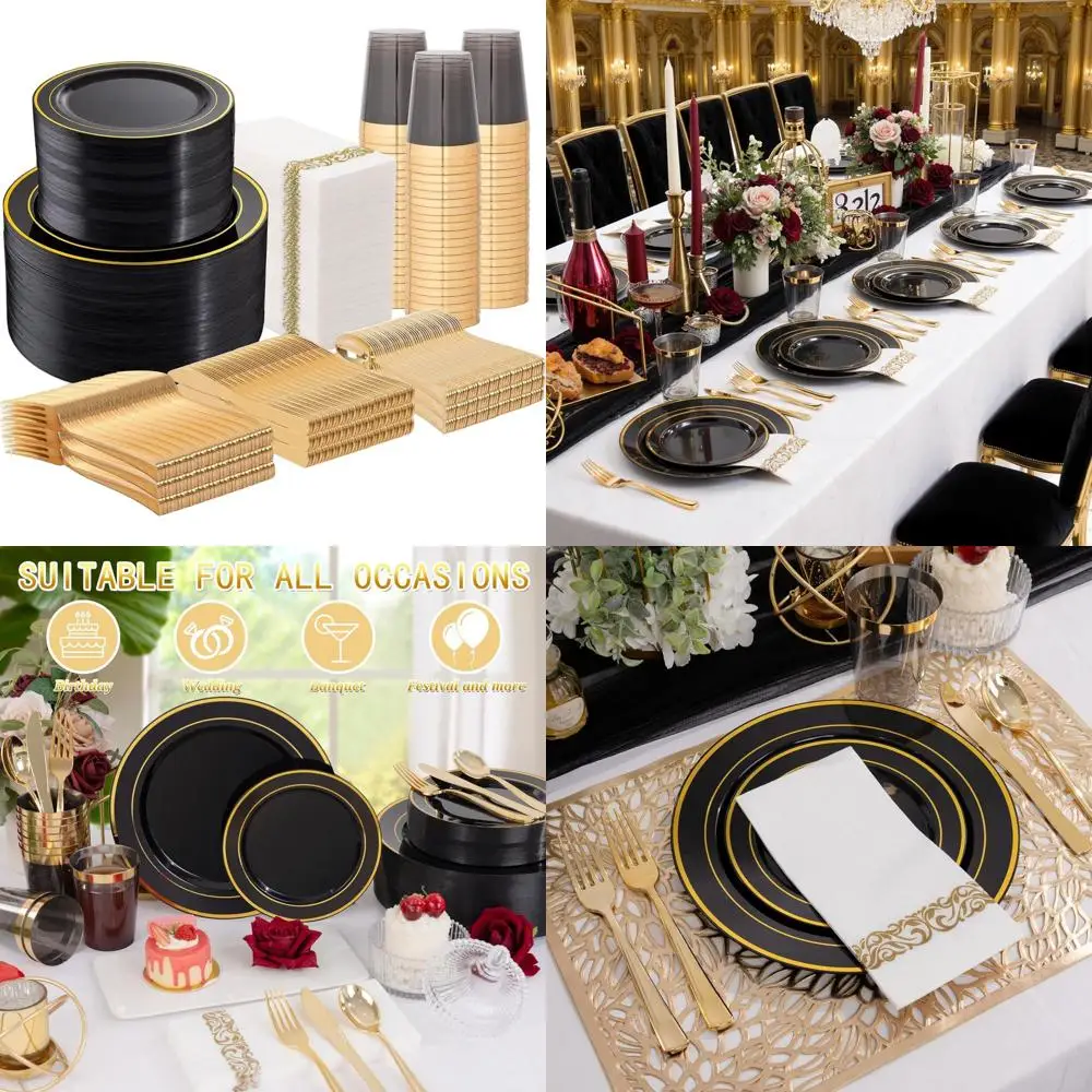 

Черный и золотой набор одноразовой посуды из 800 предметов: 100 обеденных тарелок, 100 десертных тарелок, 100 ножей, 200 вилок, 100 ложек, 100