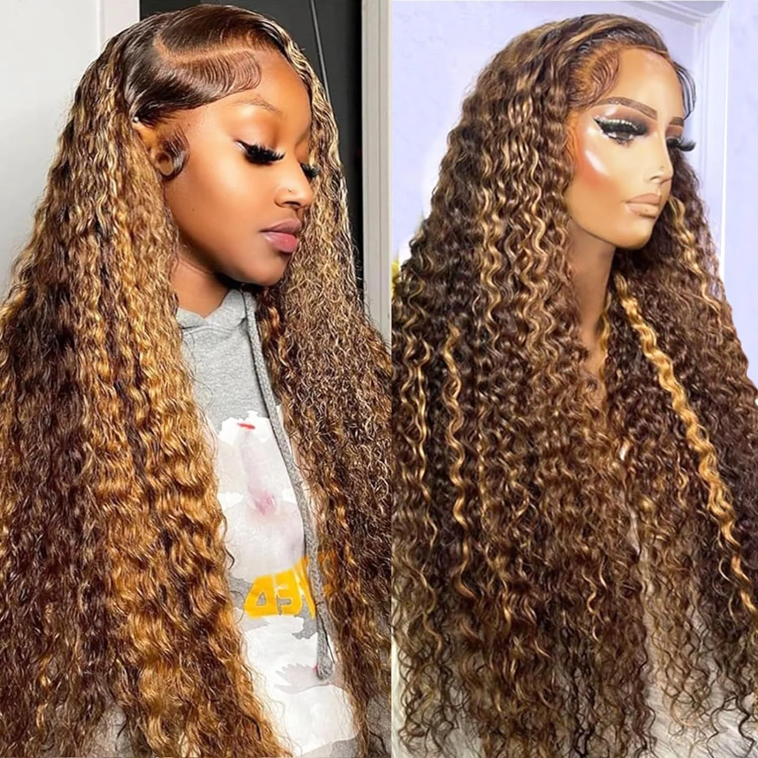 

Deep Wave 13x4 Human Hair Lace Frontal Wigs 28 30 Inches 4/27 Highlight 250 Density Colored Ombre 7x5 HD Glueless Wig For Women