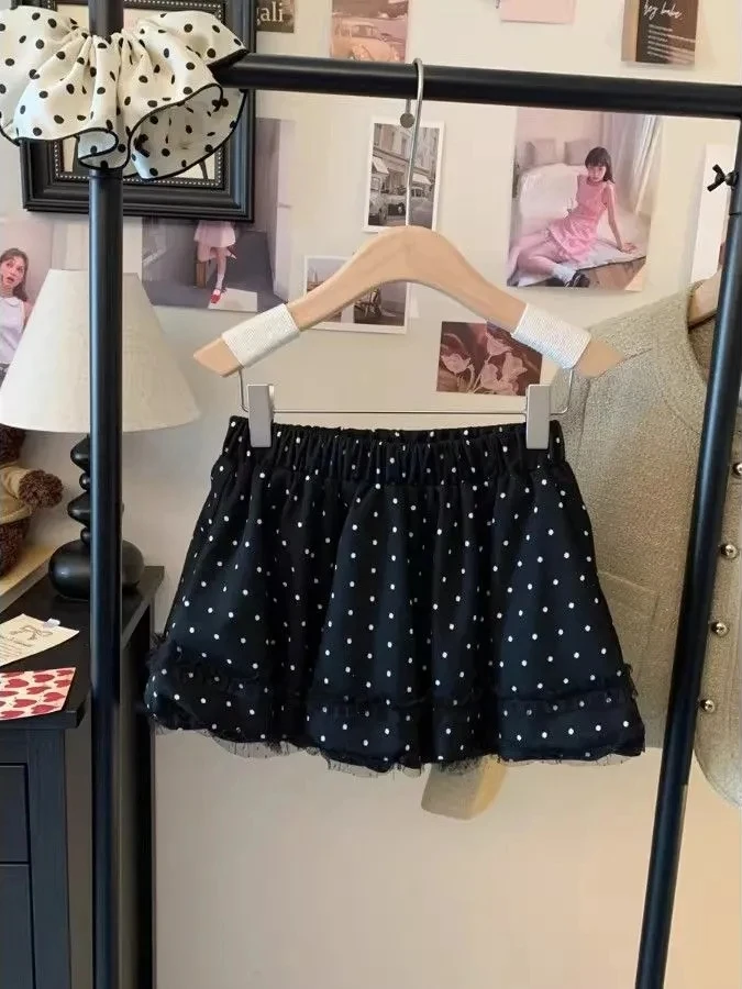 Black Polka Dot A-Line  Skirt Women's Summer Design High Waist Slimming Versatile Flared Skirt Pants with Inner 