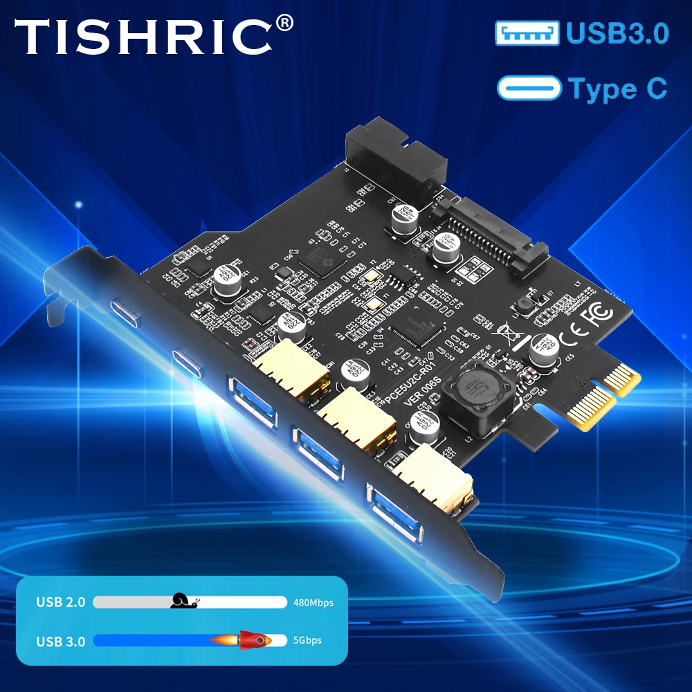 

TISHRIC PCIE 1X To 2 Type-C 3USB 3.0 Expansion Card Dual Power Supply Socket Sata 15Pin Socket 19Pin Power Socket Connector