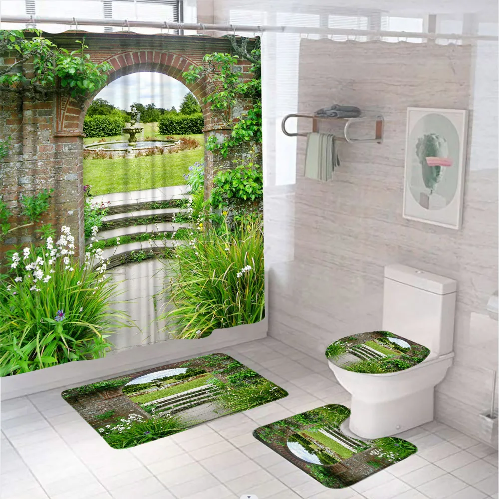 

Green Tree Plant Leaves Shower Curtain Set Outside Scenery Garden Bathroom Decor Screen Anti-slip Bath Mat Rug Lid Toilet Cover