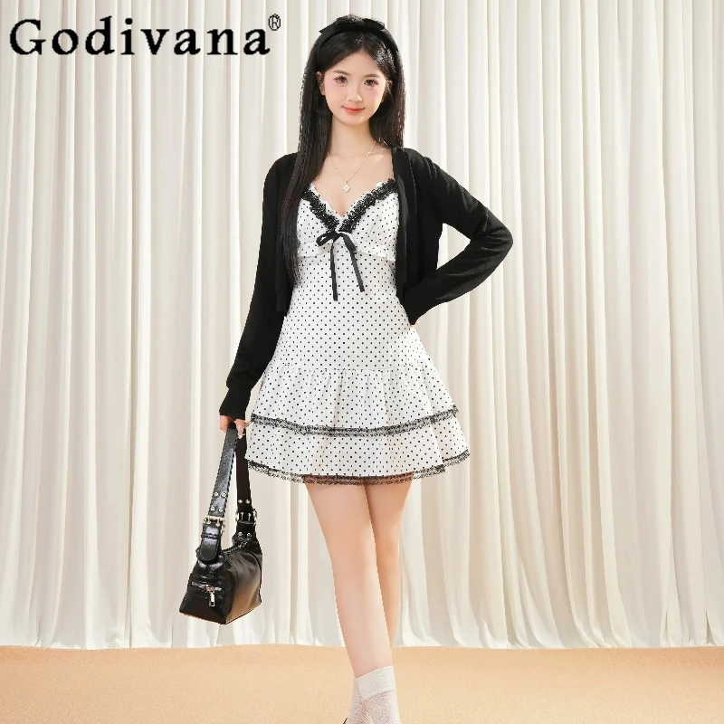 

Japanese Polka Dot Bowknot Strap Dress Black Sunscreen Cardigan Girls Three Piece Set Vintage White Lolita Women's Dress Suit
