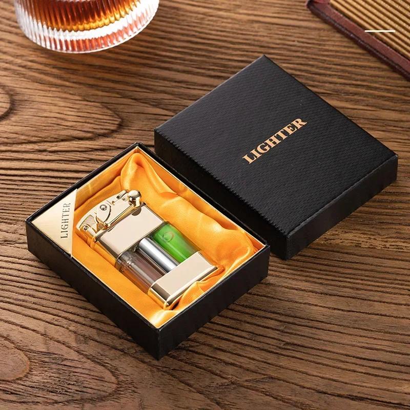 HOT Metal Rocker Arm Luminous Quicksand Windproof Butane Gas Lighter Transparent Oil Tank LED Light Green Flame Lighters Smoking