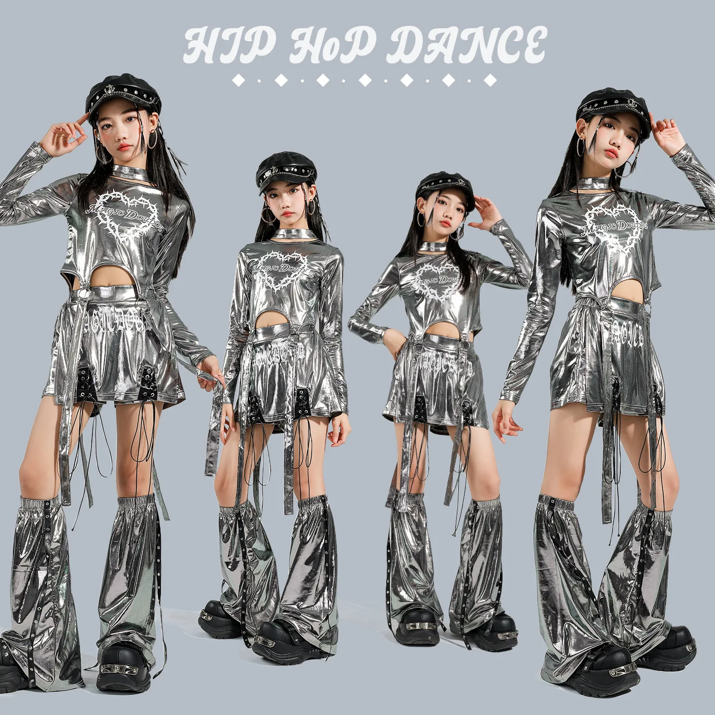 Girls Silver Jazz Hip Hop Dance Outfit Kpop Performance Costume Kids Catwalk Concert Stage Wear For Little Girls
