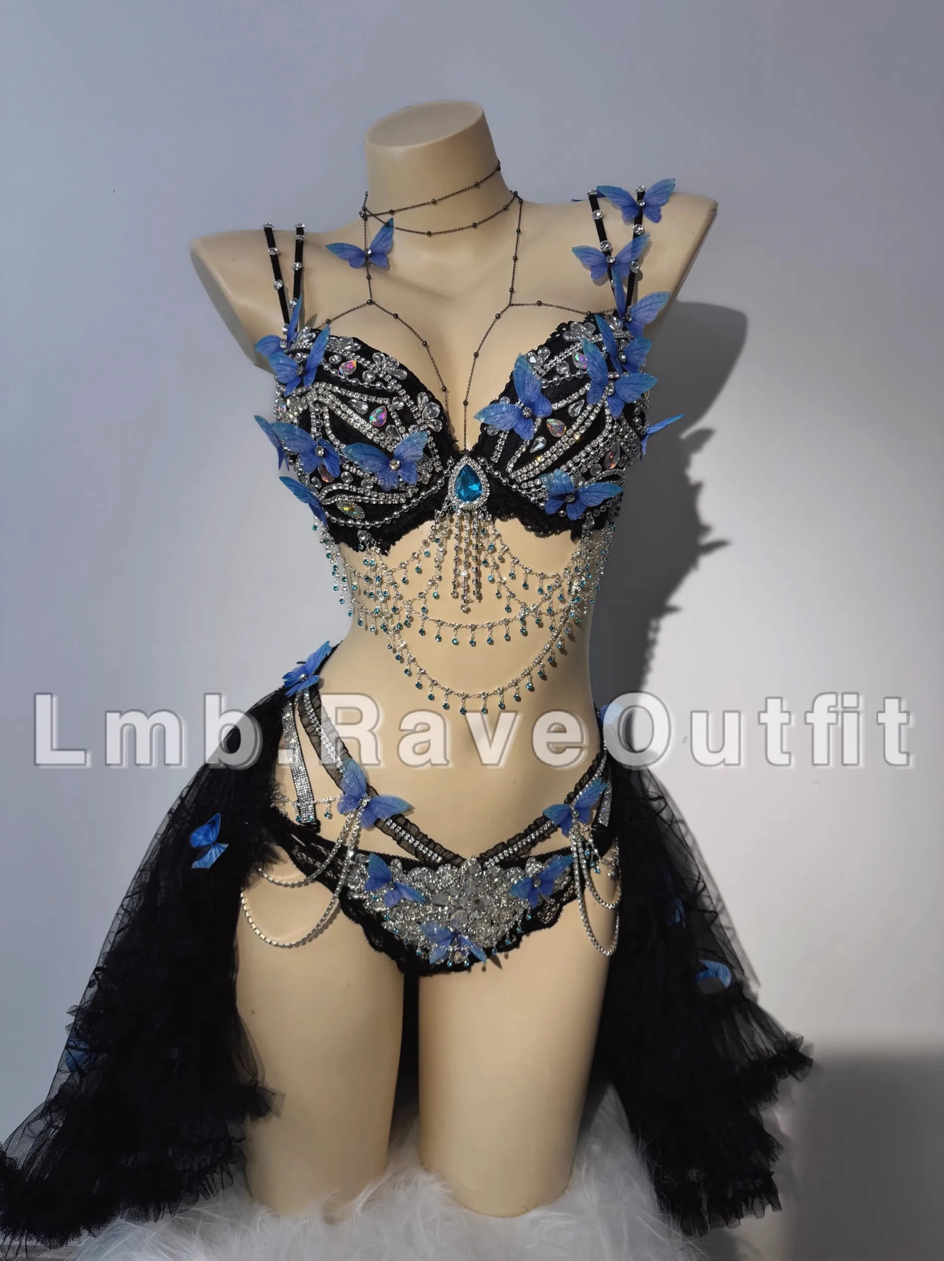 Blue Butterfly Sexy ExquisiteTassel Bikini Dress Outfits Nightclub Bar Female Singer Dance Stage Costume Party Rave Festival Set