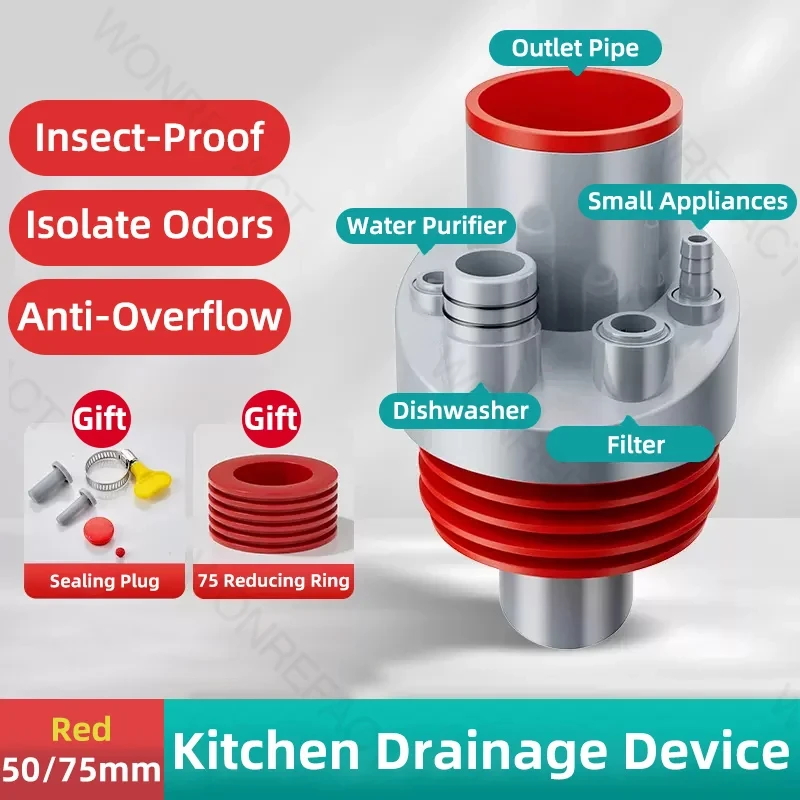 Kitchen Pipe Drainpipe Connector Five-in-One Dishwasher Sink Sewer Odor-Proof Insec Joint Water Purifier Front Filter Connector