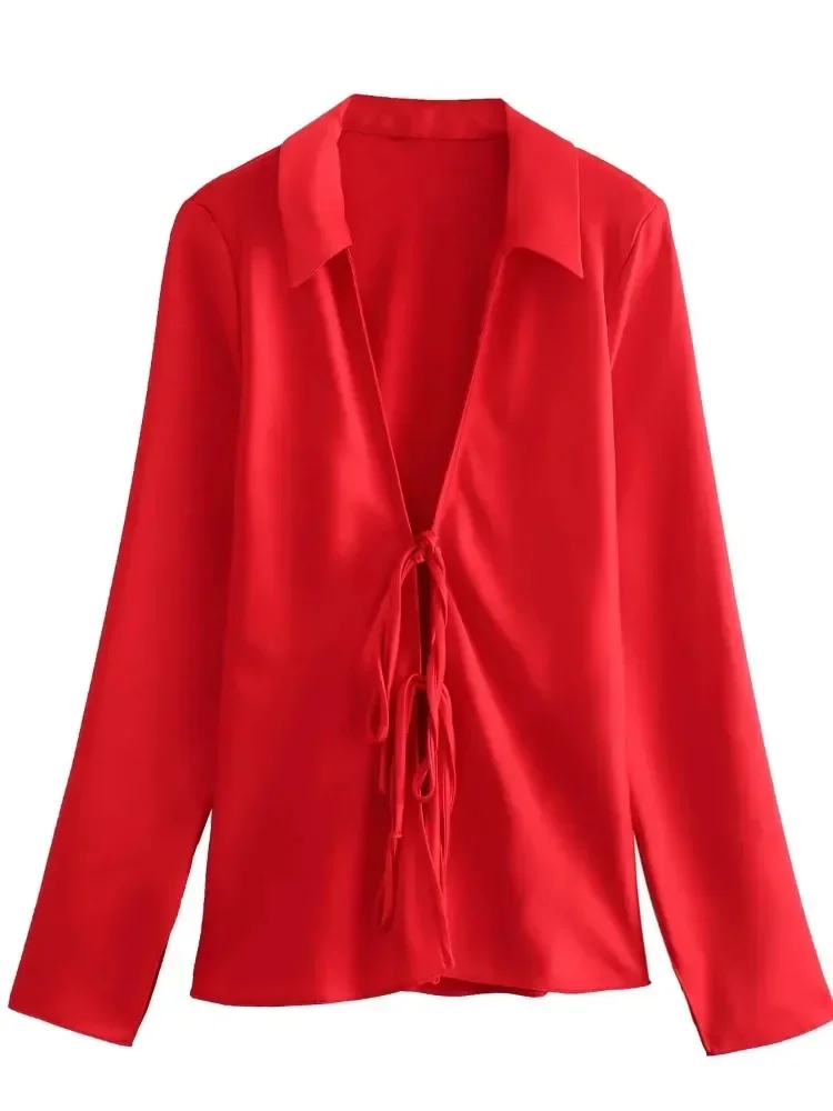 

Korean Version of Fashionable Women's Satin Silk Shirt Summer Casual Loose Fitting Long Sleeved Women Lace Up Solid Color Top