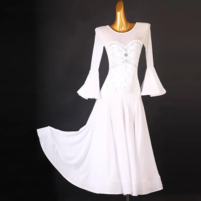 

White Modern Dress New Competition Dress Ballroom Dance Swing Skirt Diamond Ballroom Dance Costume Bell Sleeves