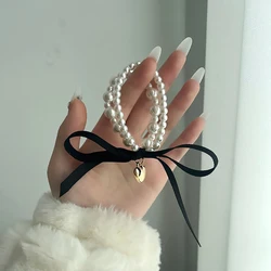 FNIO Simple Retro Imitation Pearls Bead Bracelet For Women Bow Ribbon Love Pendant Bracelet Fashion Party Jewelry Wristband Gift