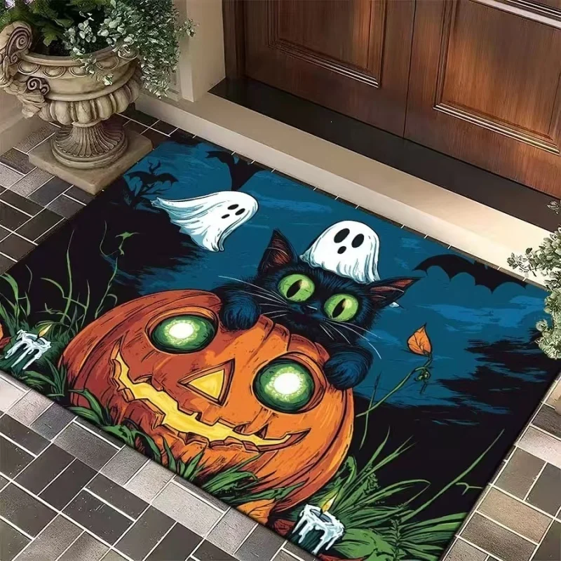 Newest Teal Background Ghost Candle Pumpkin Skull Black Cat Print Halloween Doormat Non Slip Front Door Mat