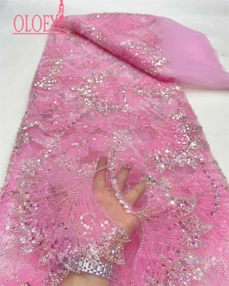 

OLOEY модная африканская нигерийская кружевная ткань с вышивкой бисером 202, роскошная французская сетка с блестками, кружевная ткань для свадебной вечеринки, платья