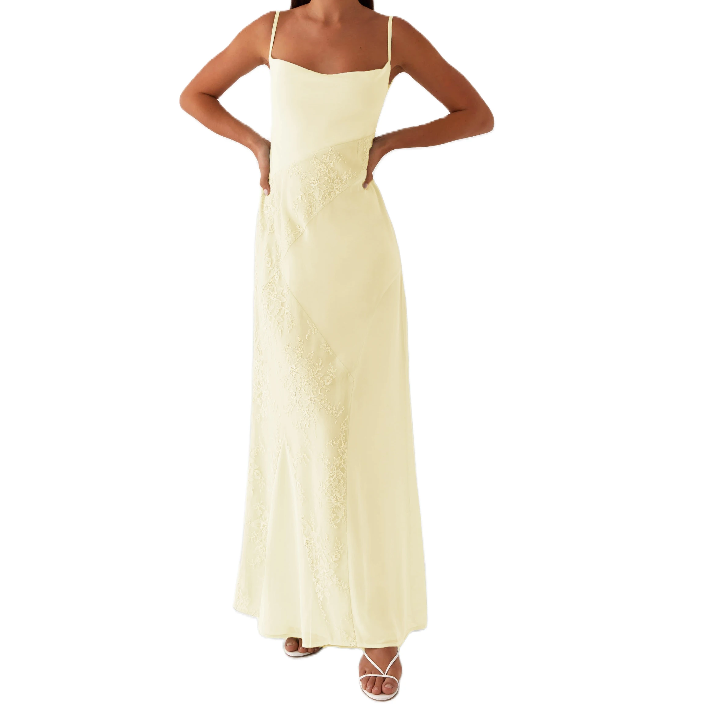 ผู้หญิงหรูหราเย็บปักถักร้อยชุดยาวลูกไม้ Patchwork Cami ฤดูร้อน Tie-Up Backless สปาเก็ตตี้ชุดสายคล้อง