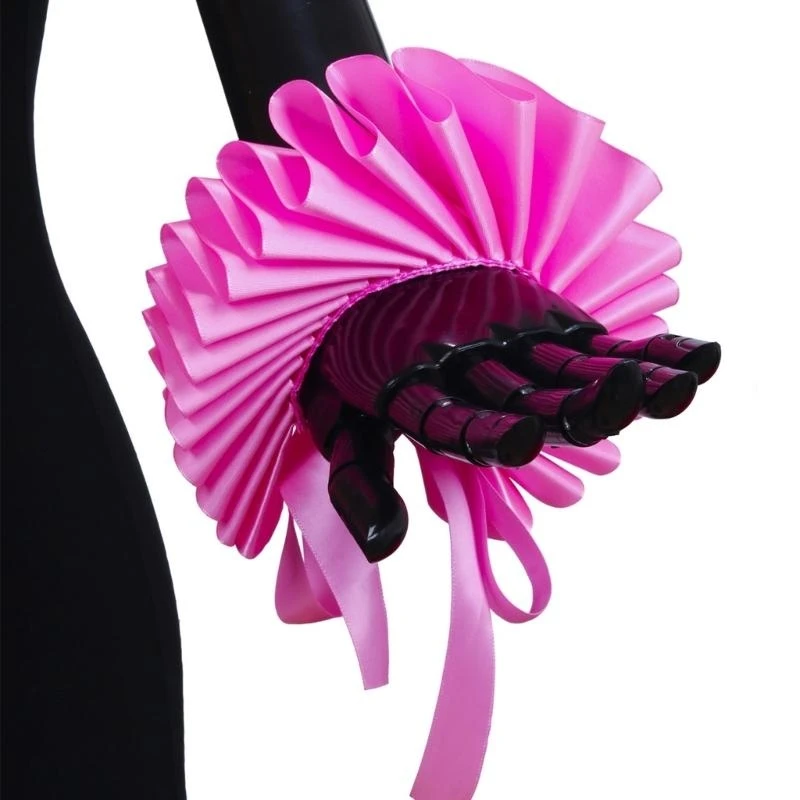 Elegant Victorian Pink Color Ruffled Neck False Collar and Wrist Cuffs for Renaissance Elizabethan Dresses Clown Choker