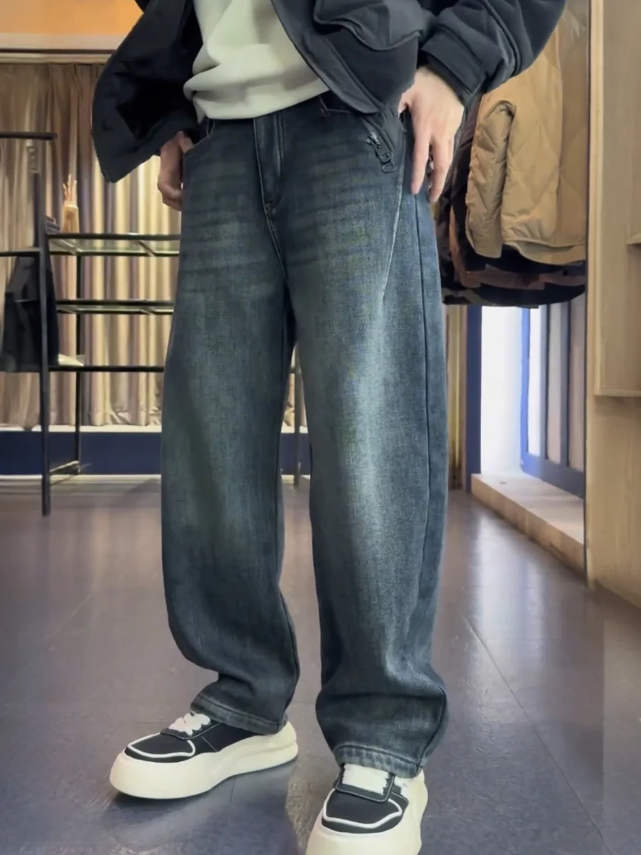 

Thiened Fce Winter Casual Slim Straight Knife Jeans Men's Versatile Waed Elastic Trendy Cotton Denim Jeans