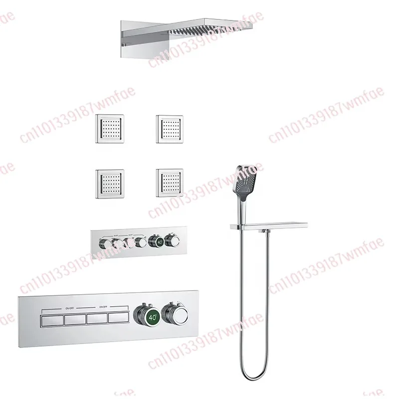 Multifunctional Brass Modern Concealed Shower System Massage Sprinkler In-Wall Rain Shower Set 5 Modes Thermostatic Mixer Kit