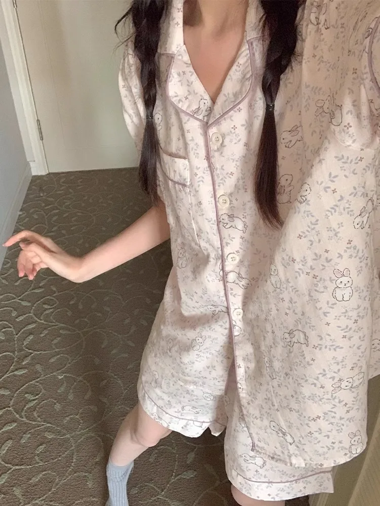 

Cute Cartoon White Rabbit Spwear Set Women's Summer ort Sve Floral Print Home Clothes Comfortable Cotton Nightgown