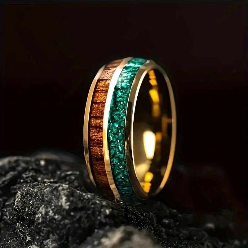 

Cross-border hot sale men's stainless steel curved glue inlaid malachite and acacia wood ring width 8mm