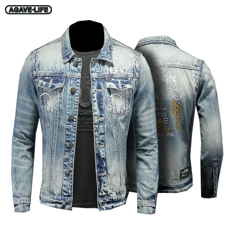 

High Street Men's Fashion Jean Jackets Light Blue Embroidere Denim Jacket For Men Tops High Quality Casual Outdoor Denim Clothes