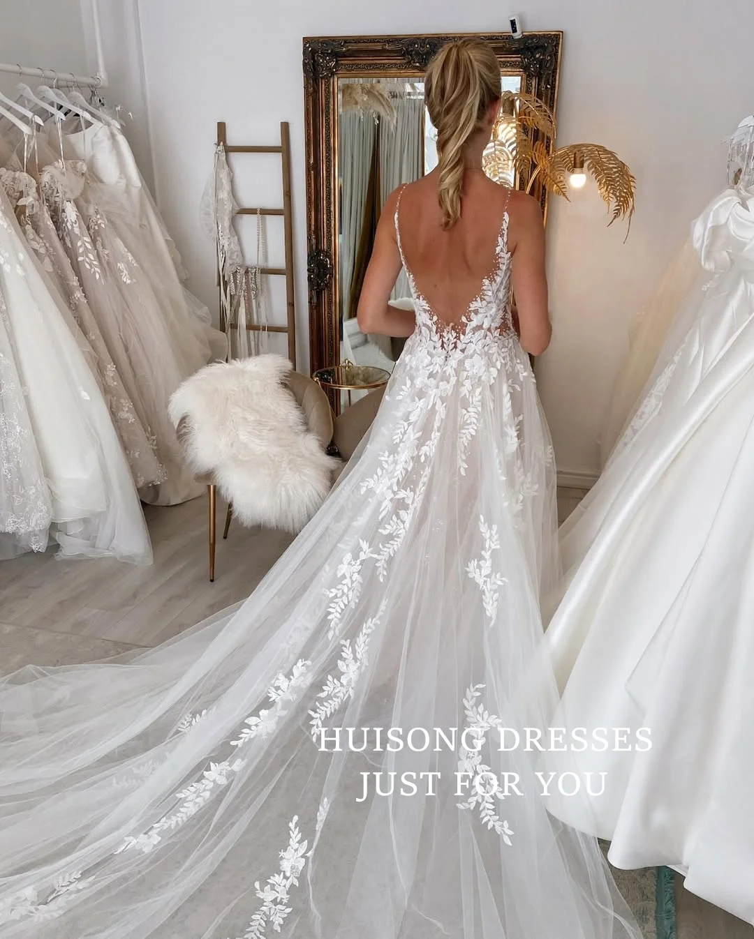 HUISONG Aangepaste Boho Trouwjurken Kant Applicaties V-hals Spaghettibandjes Mouwloos A-lijn Strand Bruidsjurk vestidos