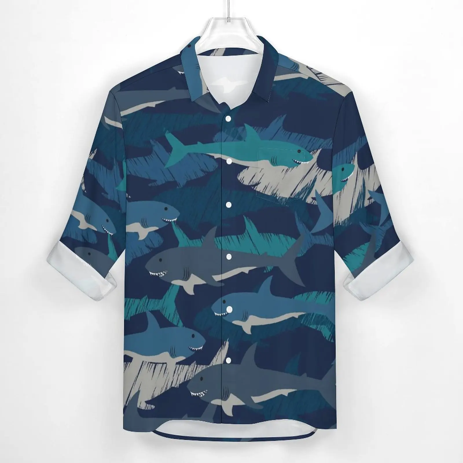 Shark Print Shirt Abstract Sharks Design Casual Shirts Long Sleeve Design Y2K Blouses Spring Loose Oversized Clothing