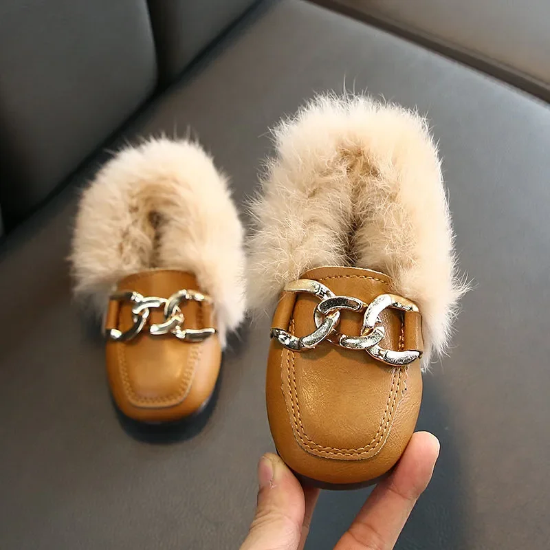 Kids Fur Shoes Children Velvet Shoes Baby Girls Warm Flats Toddler Black Brand Shoes Princess Loafer Chain Moccasin For Winter