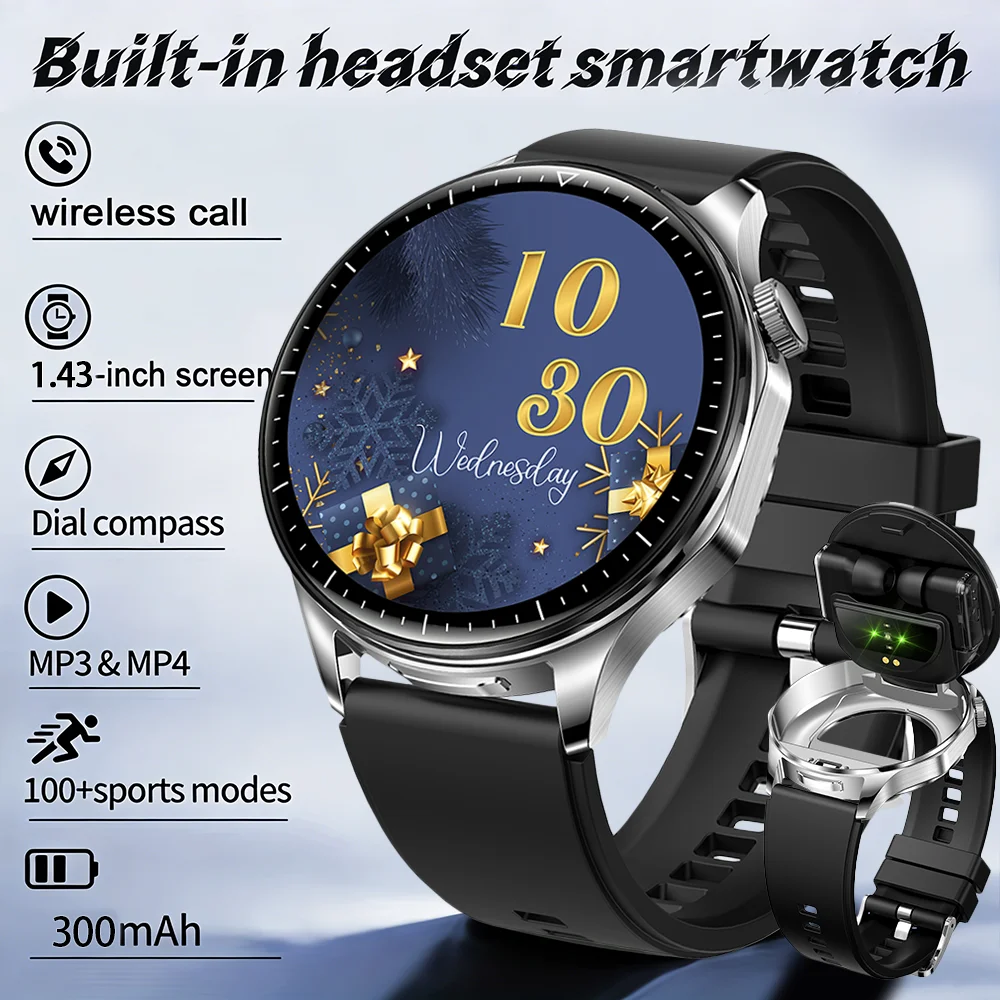 New earphones and watch 2-in-1 TFT 1.43-inch high-definition health monitoring Bluetooth call exercise step counting smartwatch