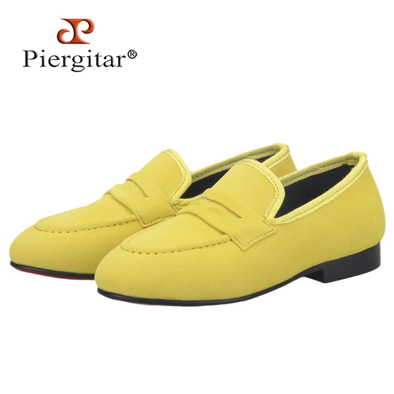 Piergitar Yellow And Brown Velvet Parent-Child Shoes Handmade Kid's Penny Loafers Red Sole For Birthday Or Party Children Wear