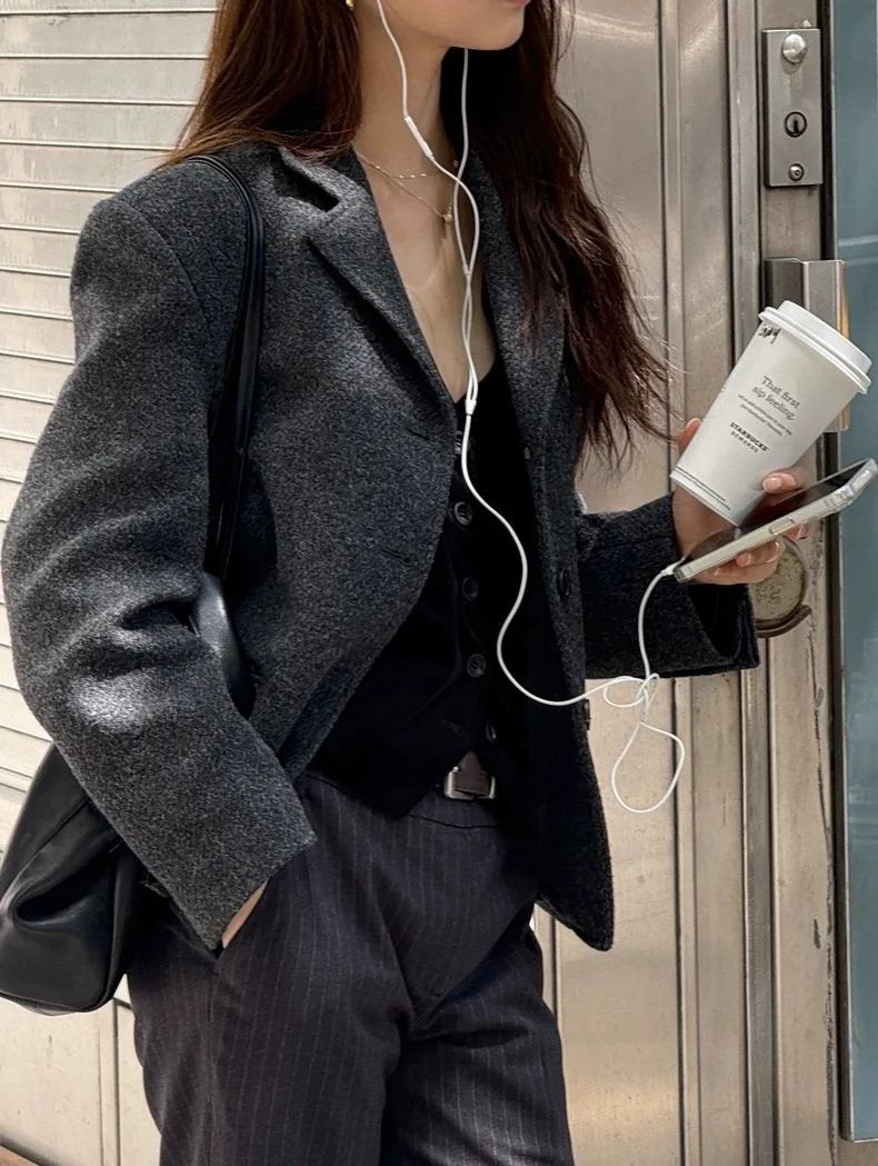 

Шерстяной костюм-джат премиум-класса с воротником-стойкой на одной пуговице, осень-зима, новый женский свободный крой, длинный свек для поездок на работу