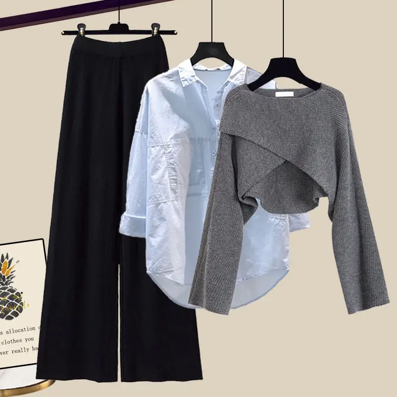 Conjunto de 3 peças de inverno para mulheres, roupa de escritório para mulheres, elegante suéter de malha irregular + camisa + calças de pernas largas, conjunto de roupas femininas