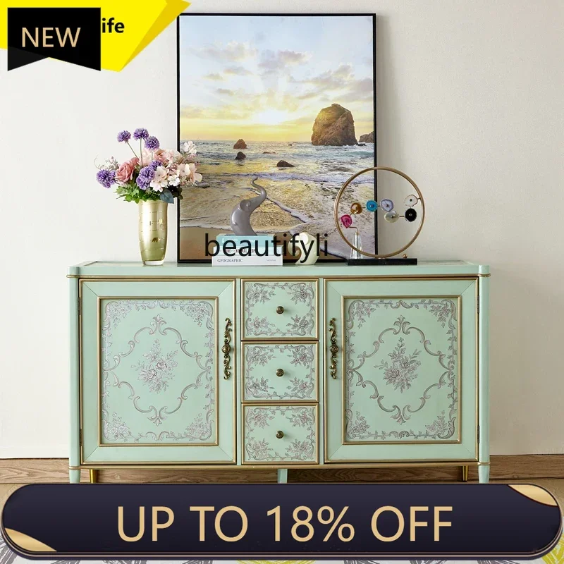 

P178 French Retro Entryway Cabinet Painted Art Sideboard Two Doors Three Drawers Storage Country Decor Cabinet