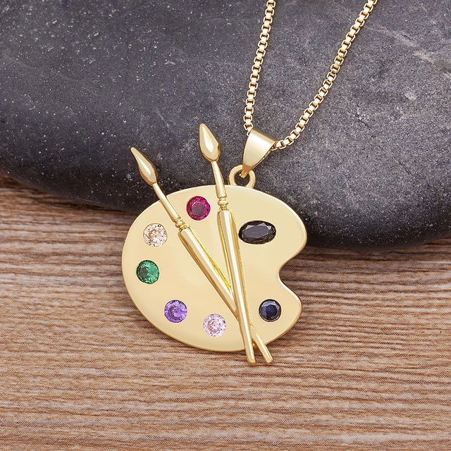 Nidin INS Fashion Painting Plate Zircon Copper Gold Color Pendant Art Pigment Palette Draw Brush Choker Necklace Jewelry Gift