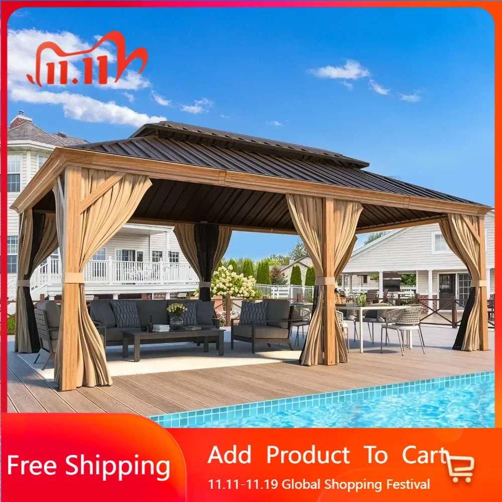 12' X 20' Hardtop Gazebo,Wooden Finish Coated Aluminum Frame Gazebo with Galvanized Steel Double Roof,with Curtains and Nettings