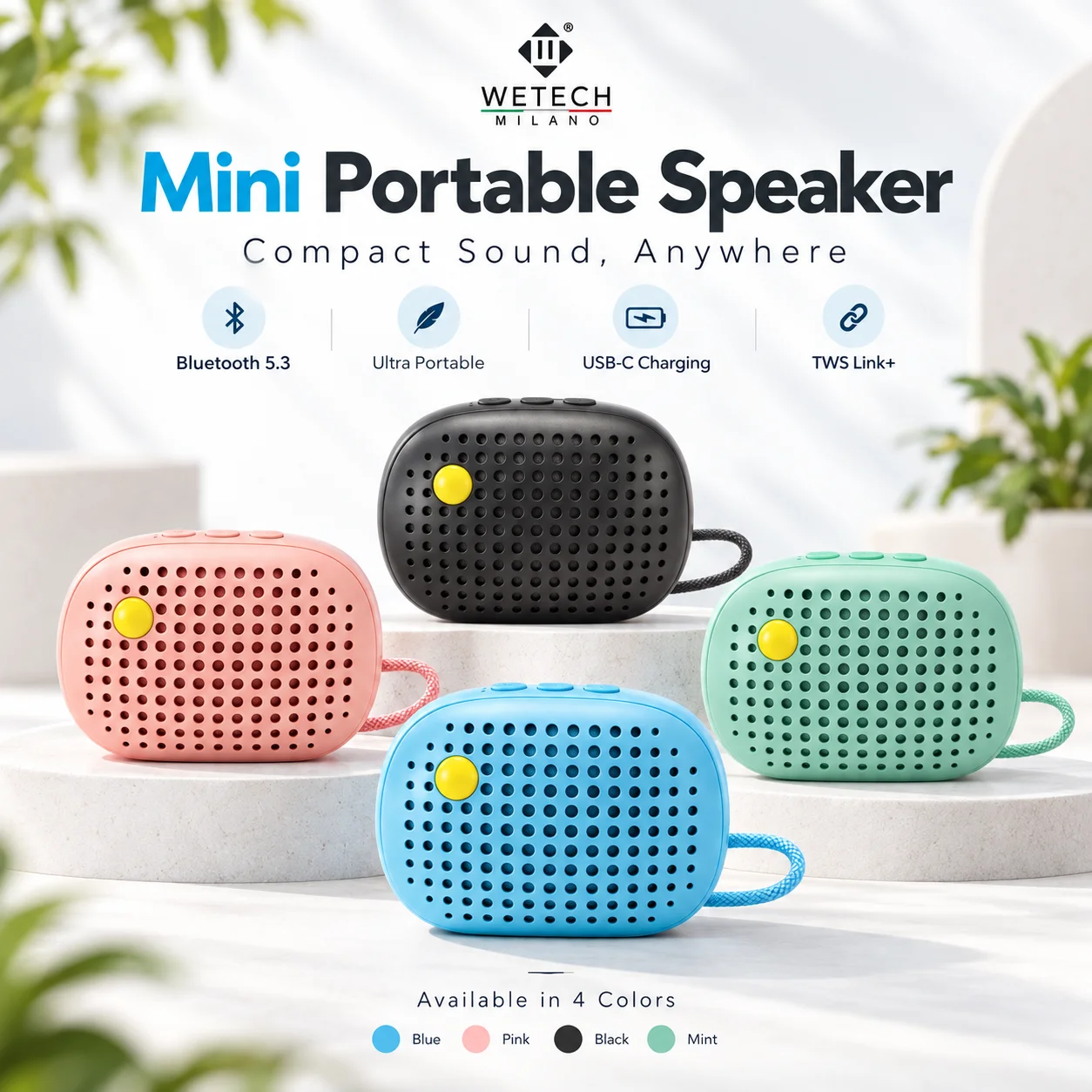 WETECH WR‑69C: mini altoparlante Bluetooth portatile, altoparlante wireless compatto da 5 W, connessione Bluetooth 5.3 TWS, ricarica tramite USB‑C, dotato di tracolla in tessuto, disponibile in 4
