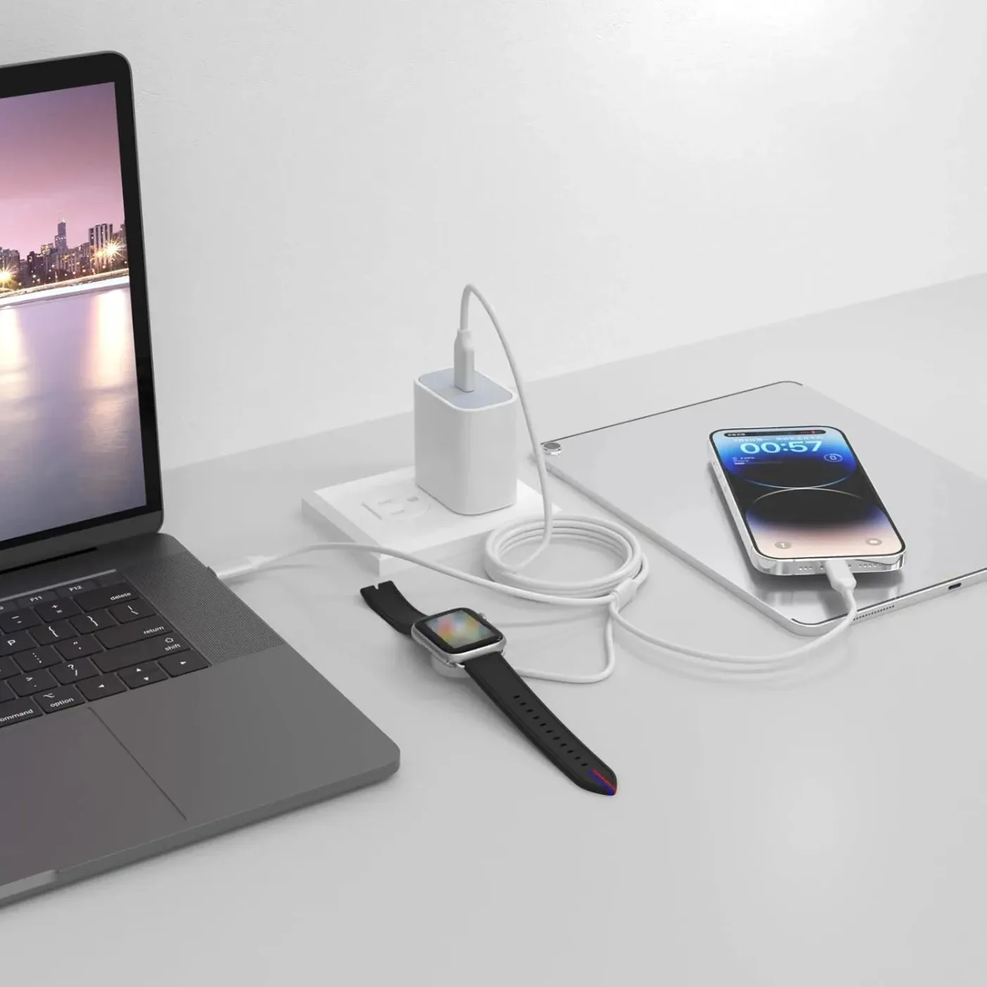 애플워치 10/9/8/7/6/5/4/3/2 SE/초고속 충전용 3 in 1 타입C & 마그네틱 무선 충전 패드 USB 데이터 충전 케이블