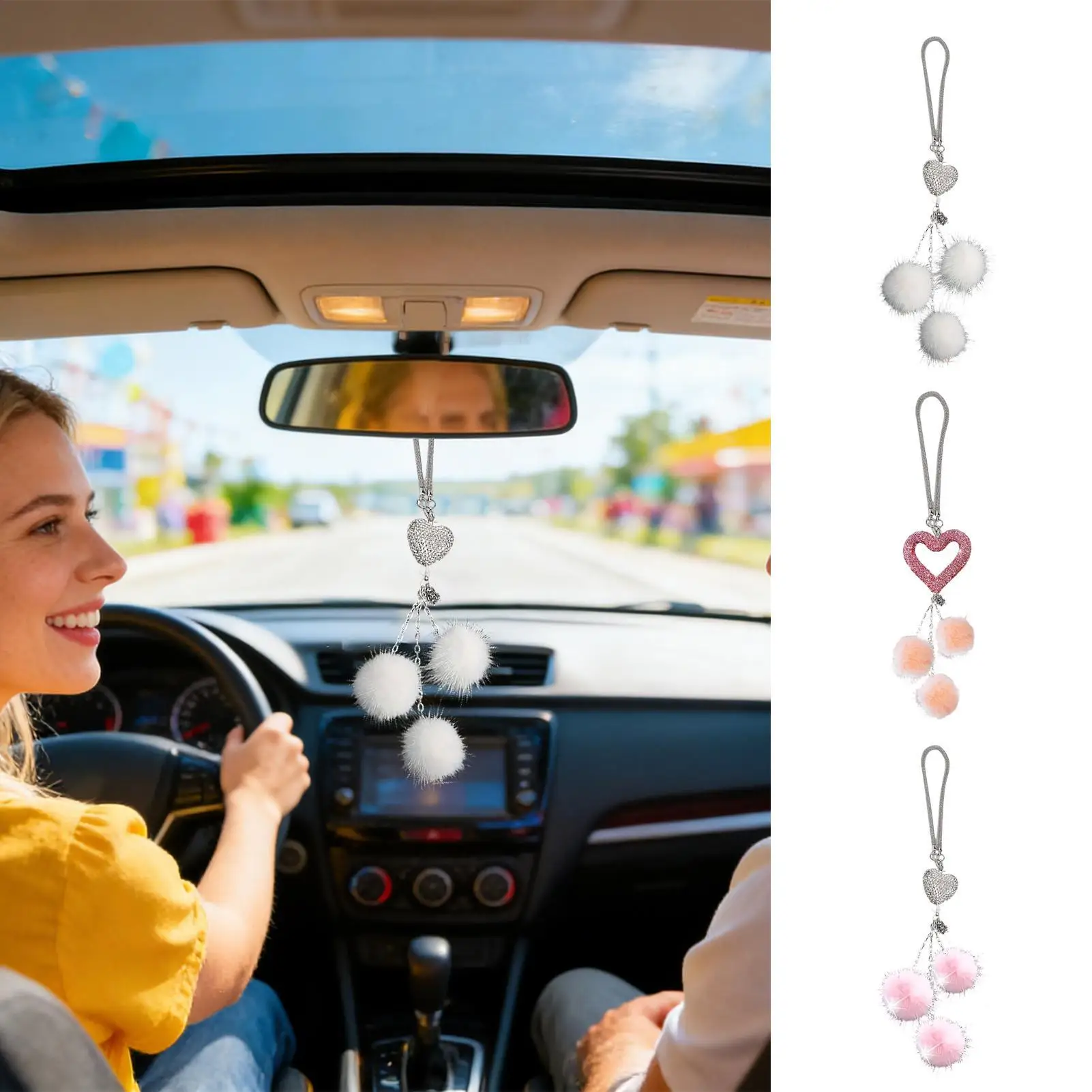 

Автомобильный кулон-сердце для зеркала заднего вида с плюшевым шариком и блестками, подвесное украшение для автомобиля для женщин, девушек, грузовиков