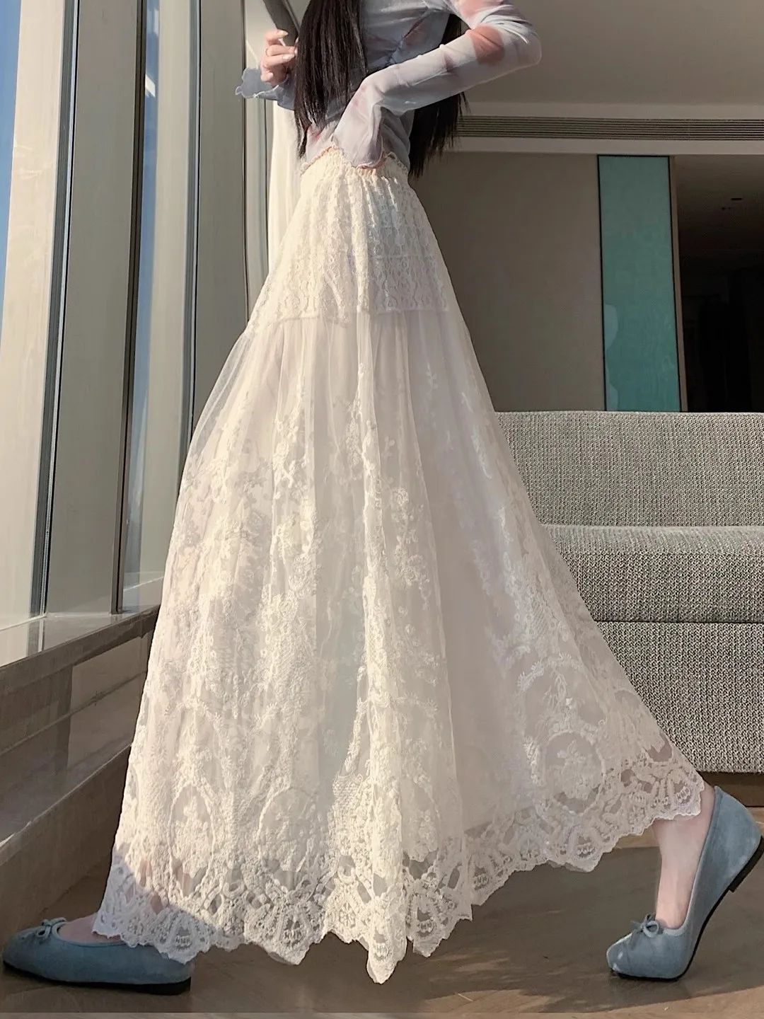 

White Lace Tulle f Skirt Women's Spring Autumn New Long High Waist Dra A-Line Pleated Umbrella Skirt Ladies Skirts