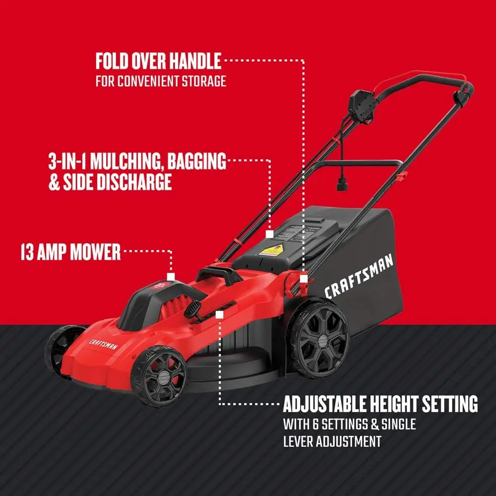 Electric Lawn Mower 20-Inch Corded 13-Ah (CMEMW213) Red 13 Amp Motor with 20 Inches Deck - Power Through Tall Grass