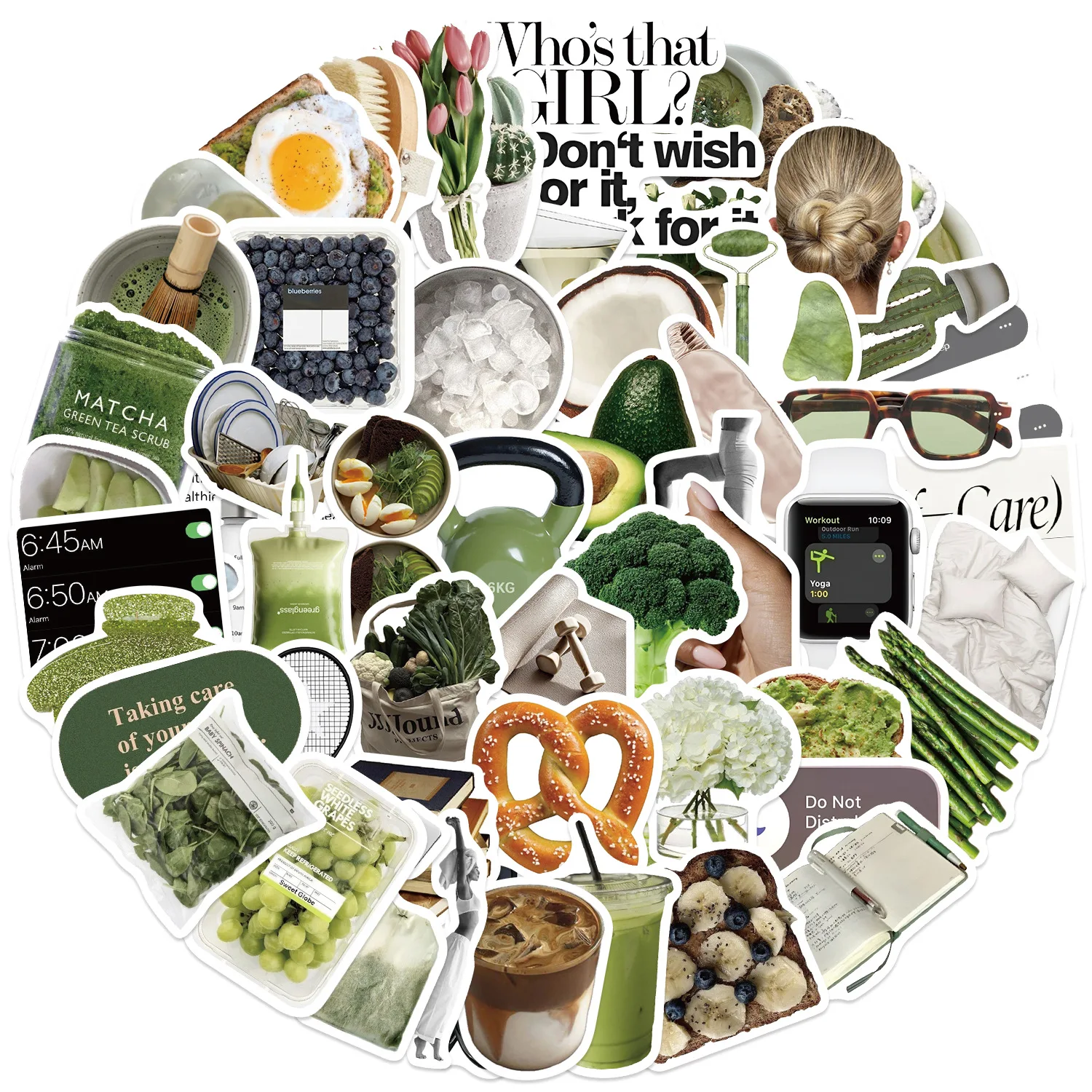 60Pcs Clean Girl Self Care Stickers Waterproof Aesthetic Green Lifestyle Decals for Laptop Water Bottle Luggage Guitar DIY Gift