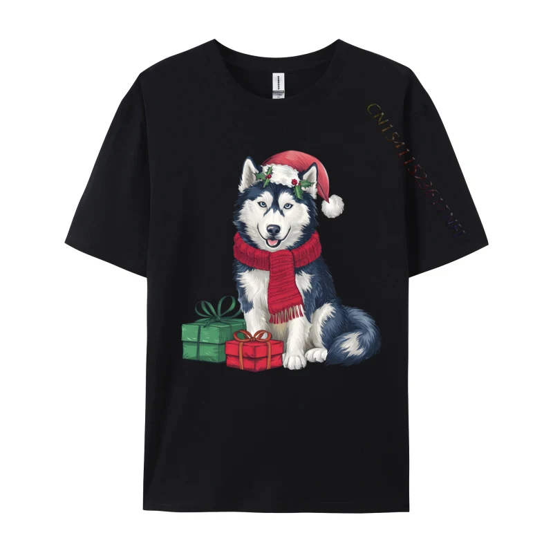 Xmas Holiday Santa Hat Alaskan Husky Dog Christmas T Shirt Cotton Tops Hipster Classic Tee Shirt Plus Size T-Shirts