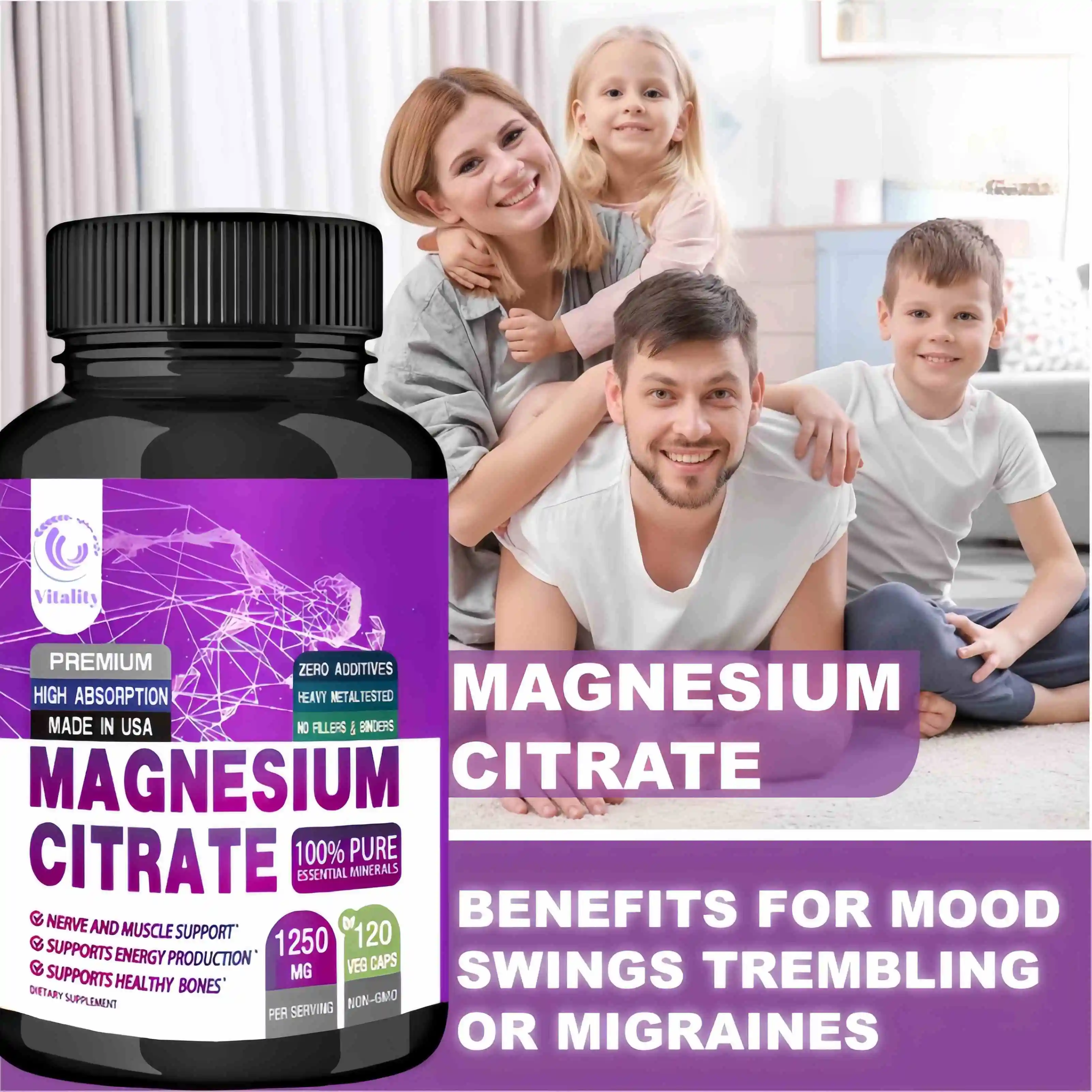 Magnesium Citrate 1250 Mg - Easily Absorbed, Purified Trace Mineral - Muscle, Nerve and Energy Support, Non-GMO