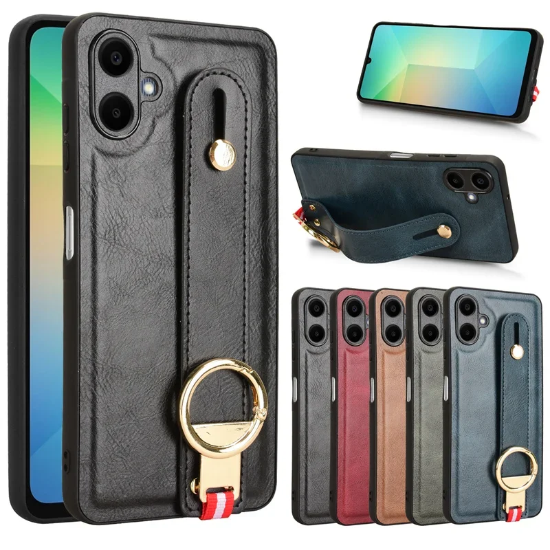 

For Samsung Galaxy A06 Shockproof Wristband Ring Bracket Back Cover For Galaxy A06 Protective Leather Phone Case