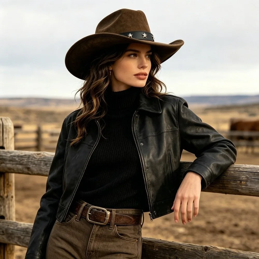 Fashion Big Brim Fedora Hat Curved Brim Breathable Western Top Hat Five-pointed Star Belt Vintage Cowboy Cap Unisex