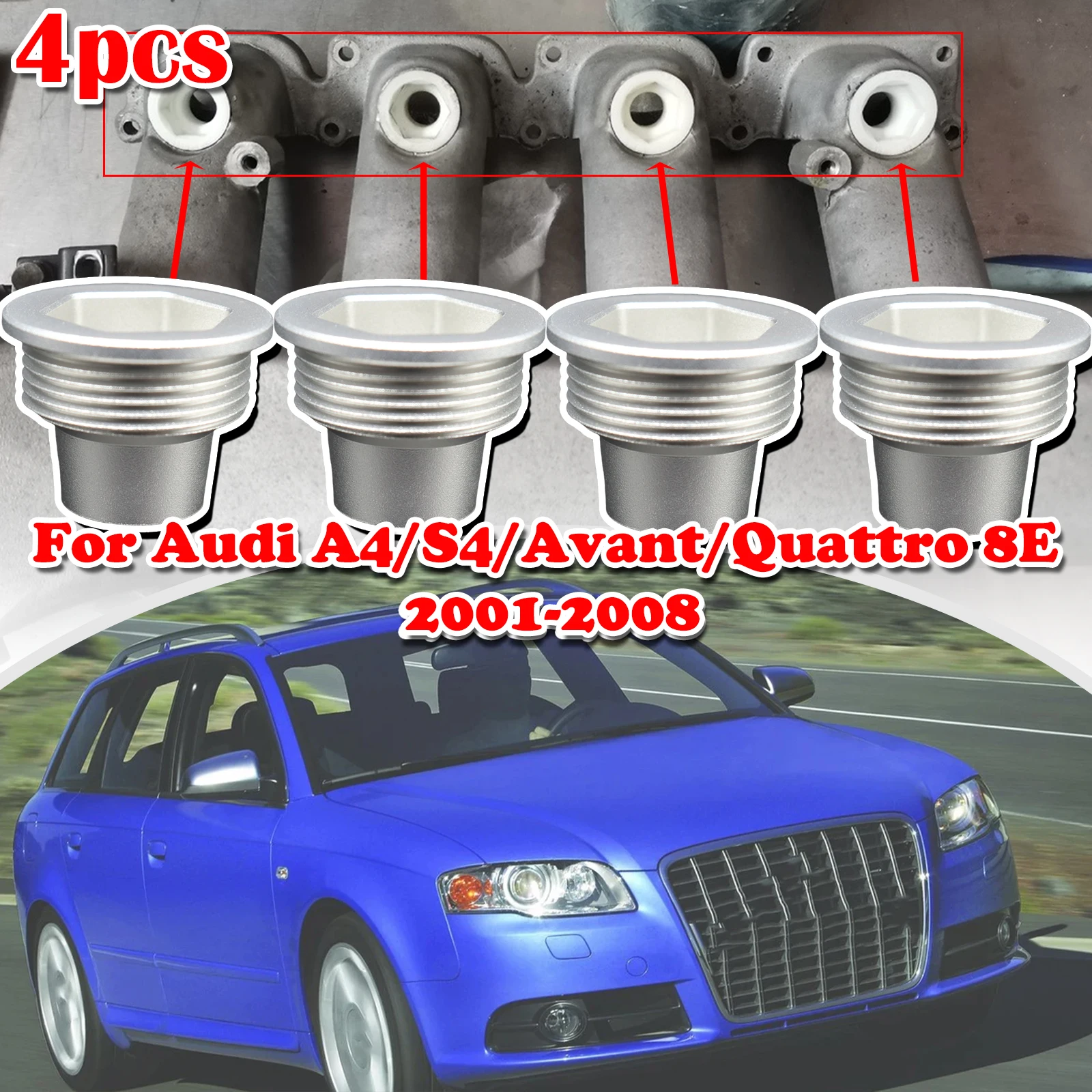 

Set of 4 Upgrade Aluminum Fuel Injector Insert Cup Seat For Audi B5 A4 FWD/S4/Avant/Quattro 8E 1.8T Replacement Parts 2001 -2008