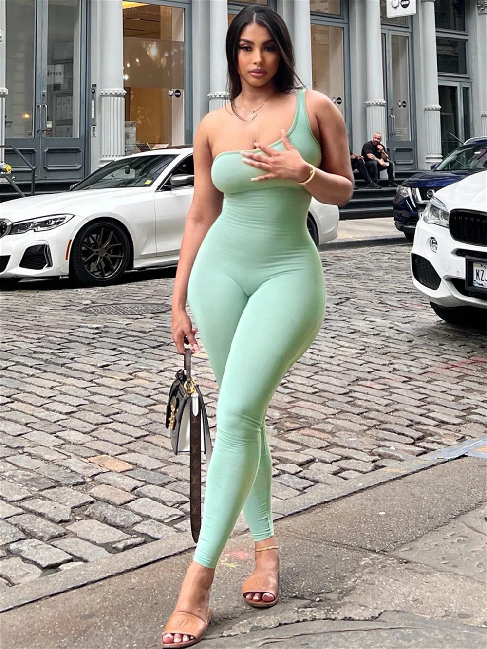 2024 spring women's new solid color one-shoulder slim-fit hip lift exercise bodybuilding jumpsuit women