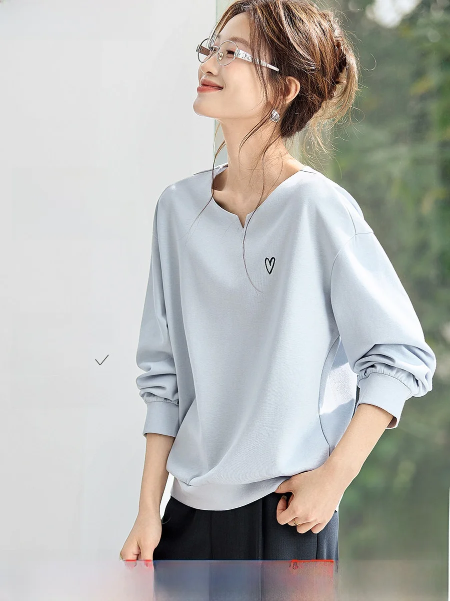 

Loose Fit round V-Ne Embroidered Sweatirt Spring 2026 New Sle Women's Comfortable Cotton Polyester Blend Long Sve